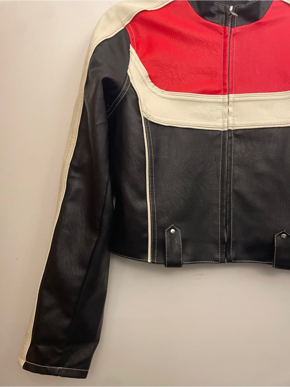 Urban Outfitters Black, Red & White Leather Moto Jacket size M - Picture 9 of 11